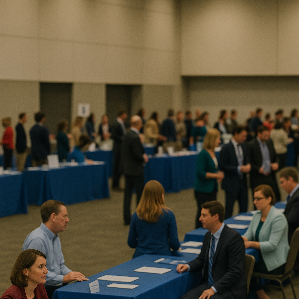 Photograph of attendees interacting with booths at a nonprofit showcase event.